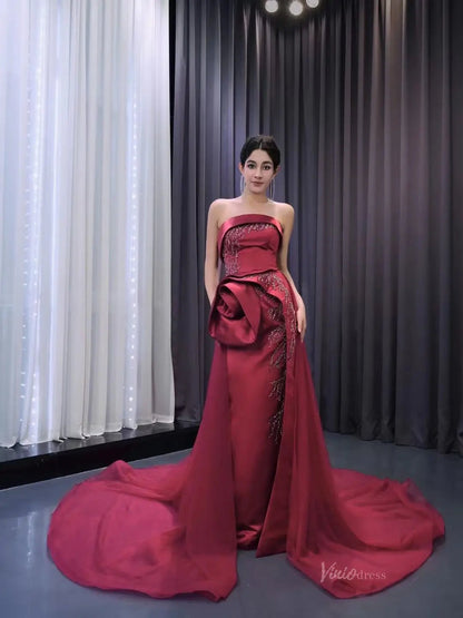 Burgundy Overskirt Prom Dresses Strapless Rosette Pageant Gown 231020-prom dresses 2025 -Viniodress-Burgundy-Custom Size-
