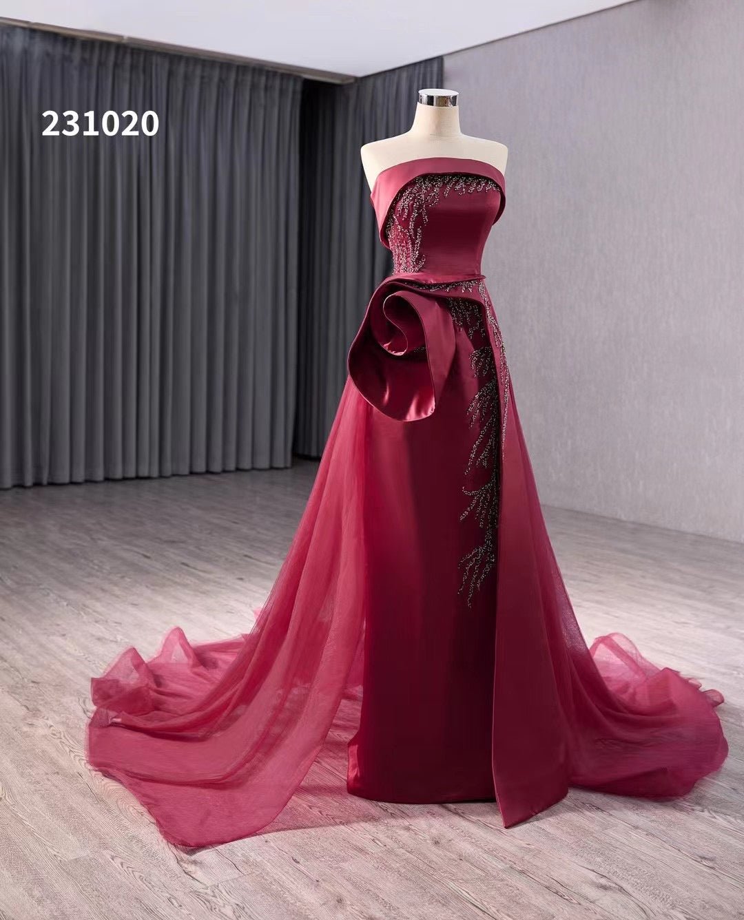 Burgundy Overskirt Prom Dresses Strapless Rosette Pageant Gown 231020-prom dresses 2025 -Viniodress-Burgundy-Custom Size-
