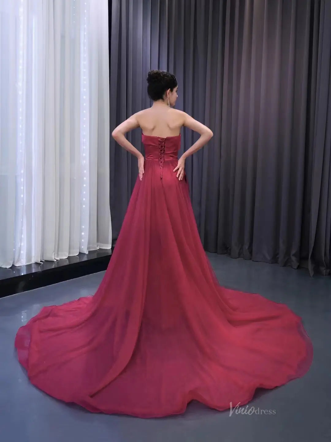 prom dresses 2025 Burgundy Overskirt Prom Dresses Strapless Rosette Pageant Gown 231020-plus size wedding dresses Viniodress-Burgundy-Custom Size-