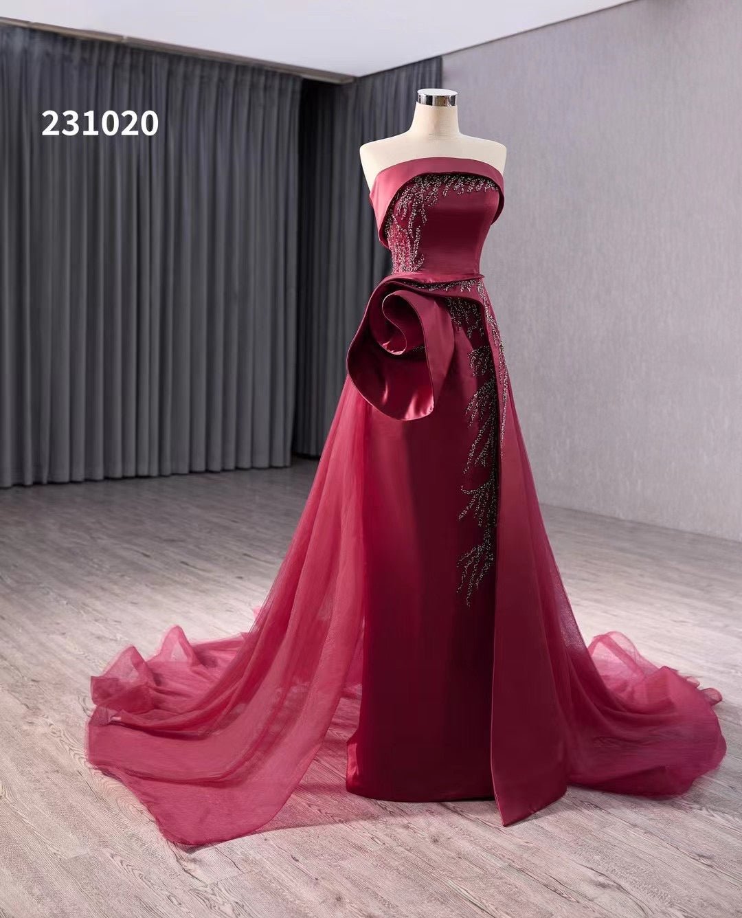 Burgundy Overskirt Prom Dresses Strapless Rosette Pageant Gown 231020 - Viniodressprom dressesBurgundyCustom Size - Formal Dresses - Ball Gowns