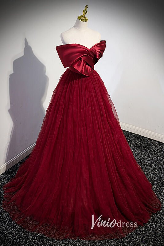 Burgundy Pleated Tulle Prom Dresses with Bow-Tie FD3532-prom dresses 2025 -Viniodress-Burgundy-Custom Size-