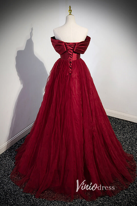 Prom Dress 2025 Burgundy Pleated Tulle Prom Dresses with Bow-Tie FD3532-unique prom dresses-Burgundy-Custom Size-Viniodress