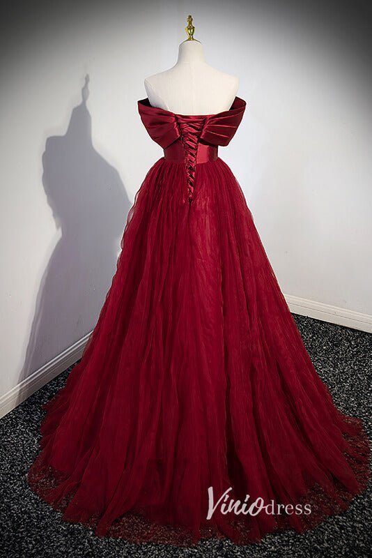 Burgundy Pleated Tulle Prom Dresses with Bow - Tie FD3532 - Viniodressprom dressesBurgundyCustom Size - Formal Dresses - Ball Gowns