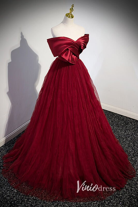 Burgundy Pleated Tulle Prom Dresses with Bow - Tie FD3532 - Viniodressprom dressesBurgundyCustom Size - Formal Dresses - Ball Gowns