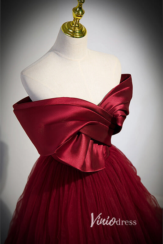 Prom Dress 2025 Burgundy Pleated Tulle Prom Dresses with Bow-Tie FD3532-unique prom dresses-Burgundy-Custom Size-Viniodress