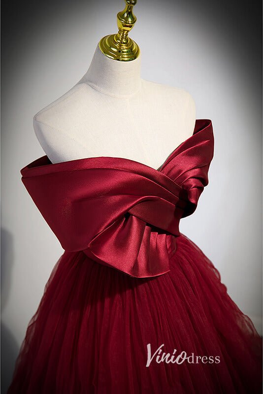 Burgundy Pleated Tulle Prom Dresses with Bow - Tie FD3532 - Viniodressprom dressesBurgundyCustom Size - Formal Dresses - Ball Gowns