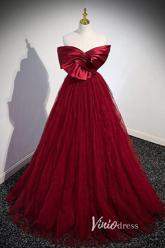 Burgundy Pleated Tulle Prom Dresses with Bow - Tie FD3532 - Viniodressprom dressesBurgundyCustom Size - Formal Dresses - Ball Gowns