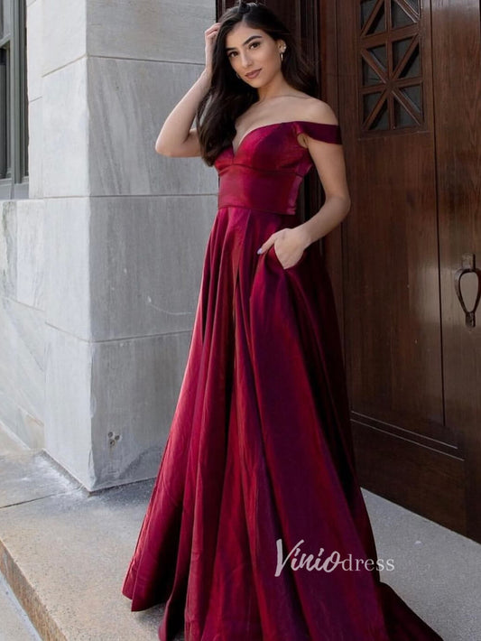 Burgundy Prom Dress with Pockets Shiny Satin Gown FD2712-prom dresses 2025 -Viniodress-Burgundy-Custom Size-