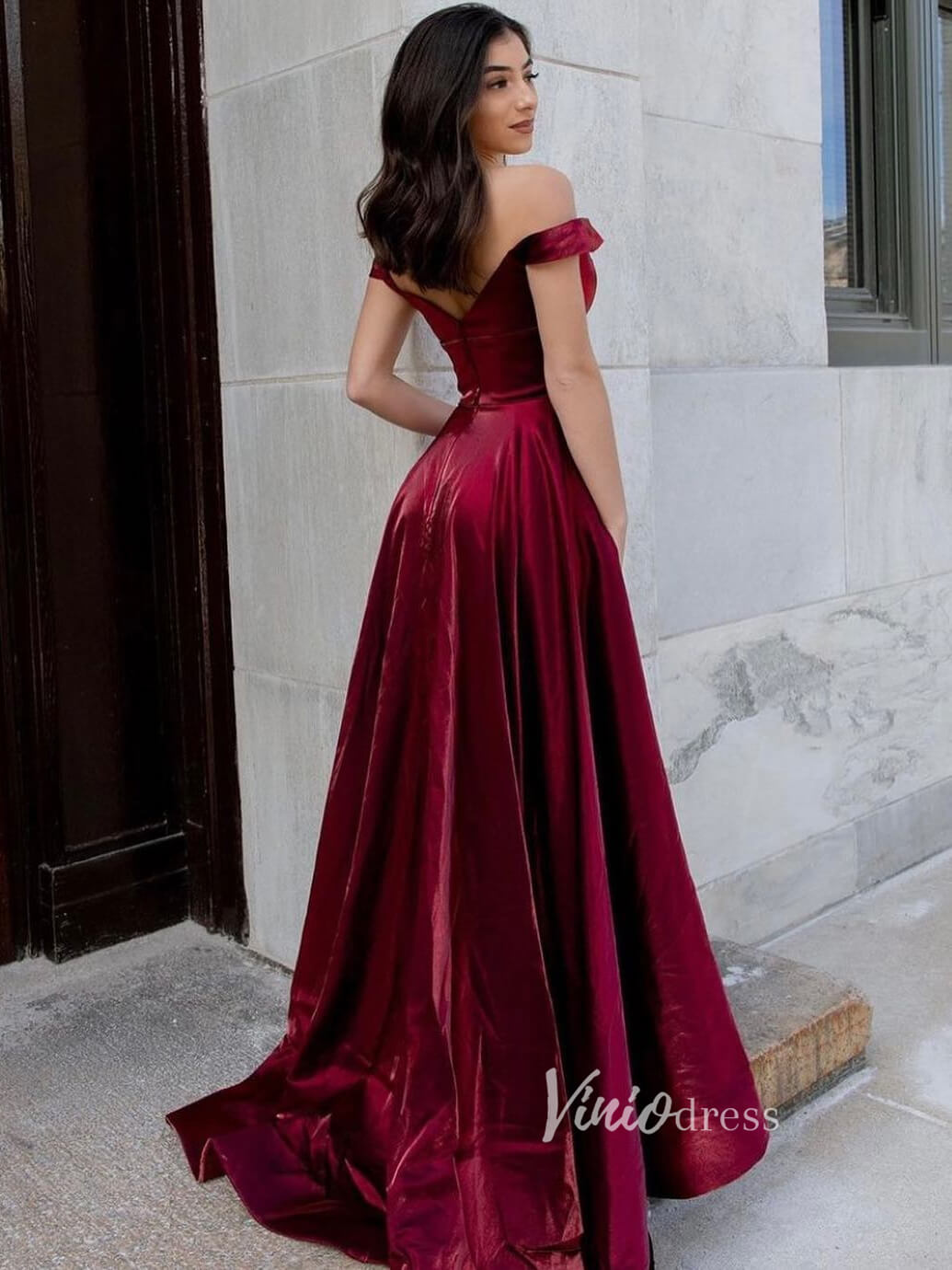 Prom Dress 2025 Burgundy Prom Dress with Pockets Shiny Satin Gown FD2712-unique prom dresses-Burgundy-Custom Size-Viniodress