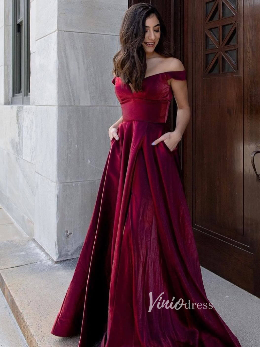 Prom Dress 2025 Burgundy Prom Dress with Pockets Shiny Satin Gown FD2712-unique prom dresses-Burgundy-Custom Size-Viniodress