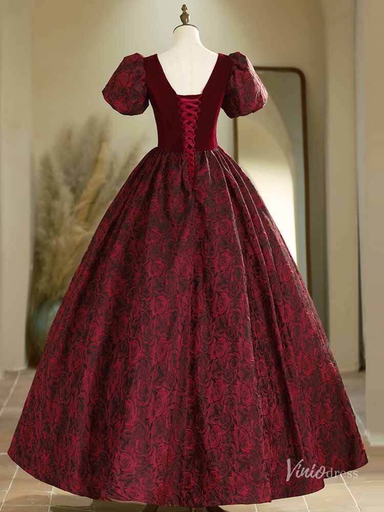 Burgundy Puffed Sleeve Prom Ball Gown Floral Print Jacquard Quinceanera Dresses BG020-prom dresses 2025 -Viniodress-Burgundy-Custom Size-
