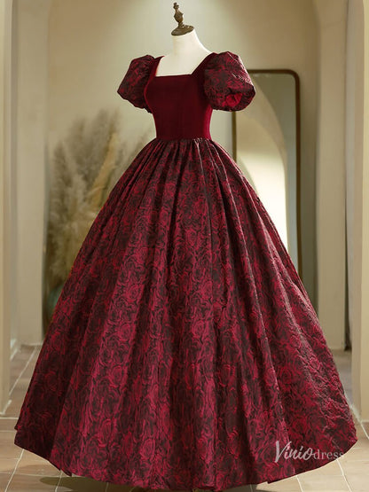 Burgundy Puffed Sleeve Prom Ball Gown Floral Print Jacquard Quinceanera Dresses BG020-prom dresses 2025 -Viniodress-Burgundy-Custom Size-