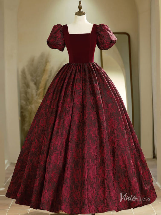 Burgundy Puffed Sleeve Prom Ball Gown Floral Print Jacquard Quinceanera Dresses BG020-prom dresses 2025 -Viniodress-Burgundy-Custom Size-