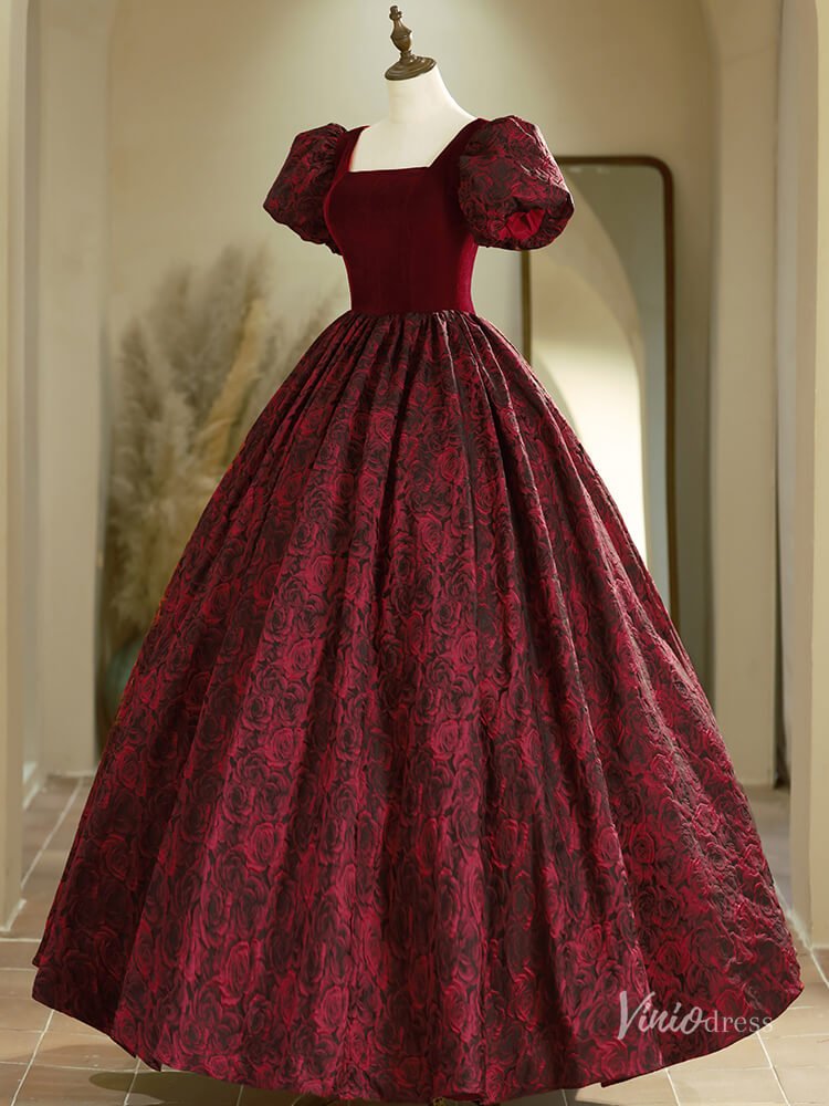 Burgundy Puffed Sleeve Prom Ball Gown Floral Print Jacquard Quinceanera Dresses BG020 - Viniodressprom dressesBurgundyCustom Size - Formal Dresses - Ball Gowns