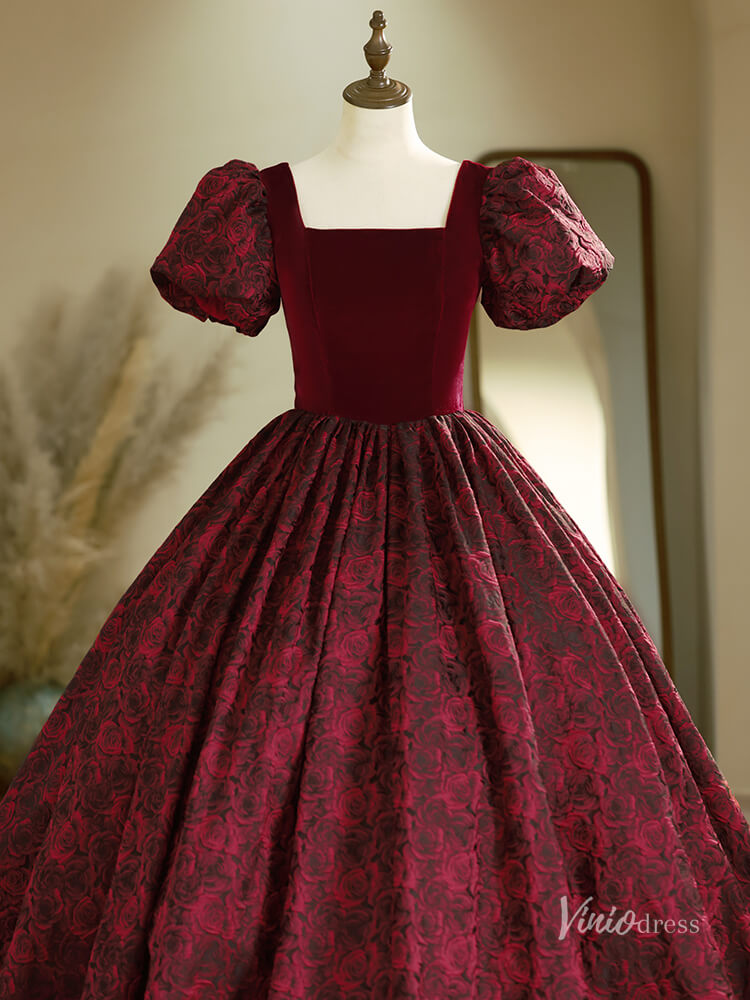 Prom Dress 2025 Burgundy Puffed Sleeve Prom Ball Gown Floral Print Jacquard Quinceanera Dresses BG020-unique prom dresses-Burgundy-Custom Size-Viniodress