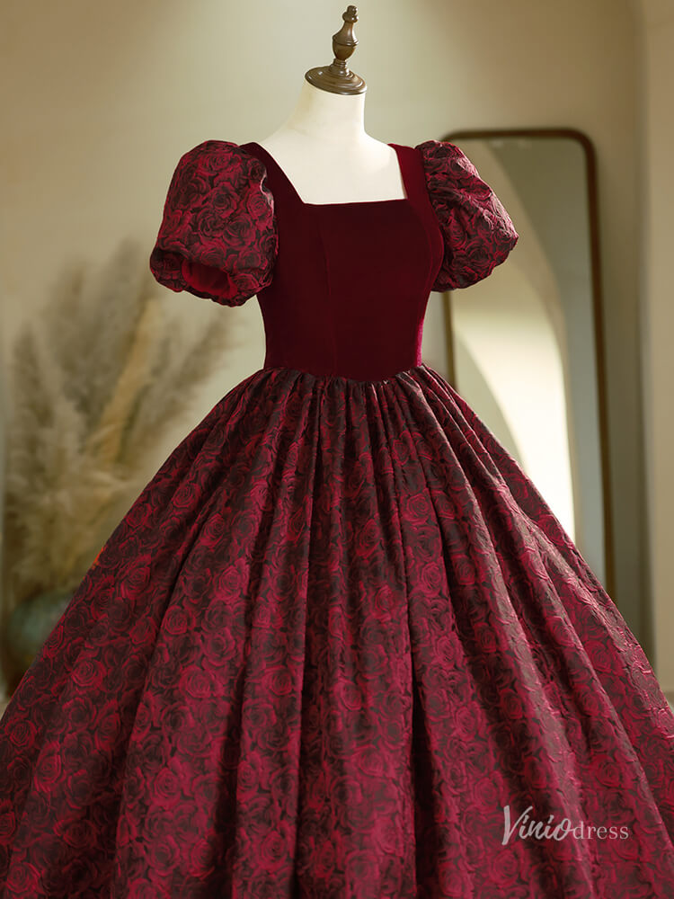 Prom Dress 2025 Burgundy Puffed Sleeve Prom Ball Gown Floral Print Jacquard Quinceanera Dresses BG020-unique prom dresses-Burgundy-Custom Size-Viniodress