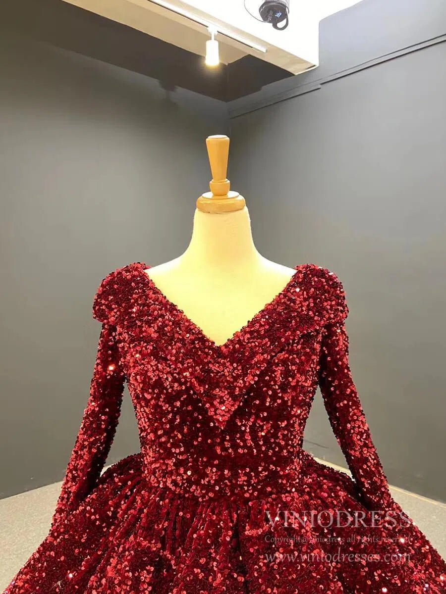 Burgundy Quinceanera Dresses 66991 V-neck, Long Sleeve-Quinceanera Dresses 2025 -Viniodress-Burgundy-Custom Size-