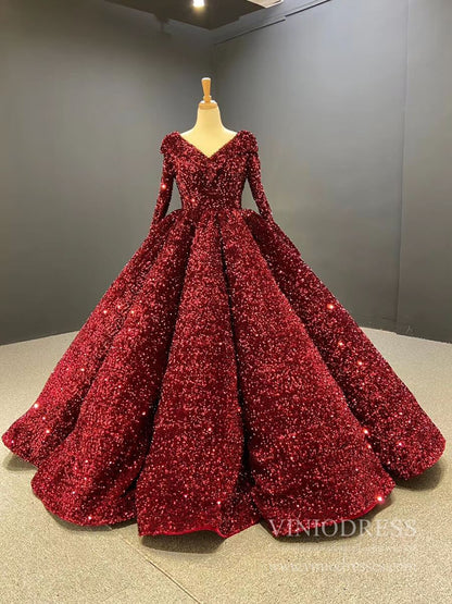Burgundy Quinceanera Dresses 66991 V-neck, Long Sleeve-Quinceanera Dresses 2025 -Viniodress-Burgundy-Custom Size-
