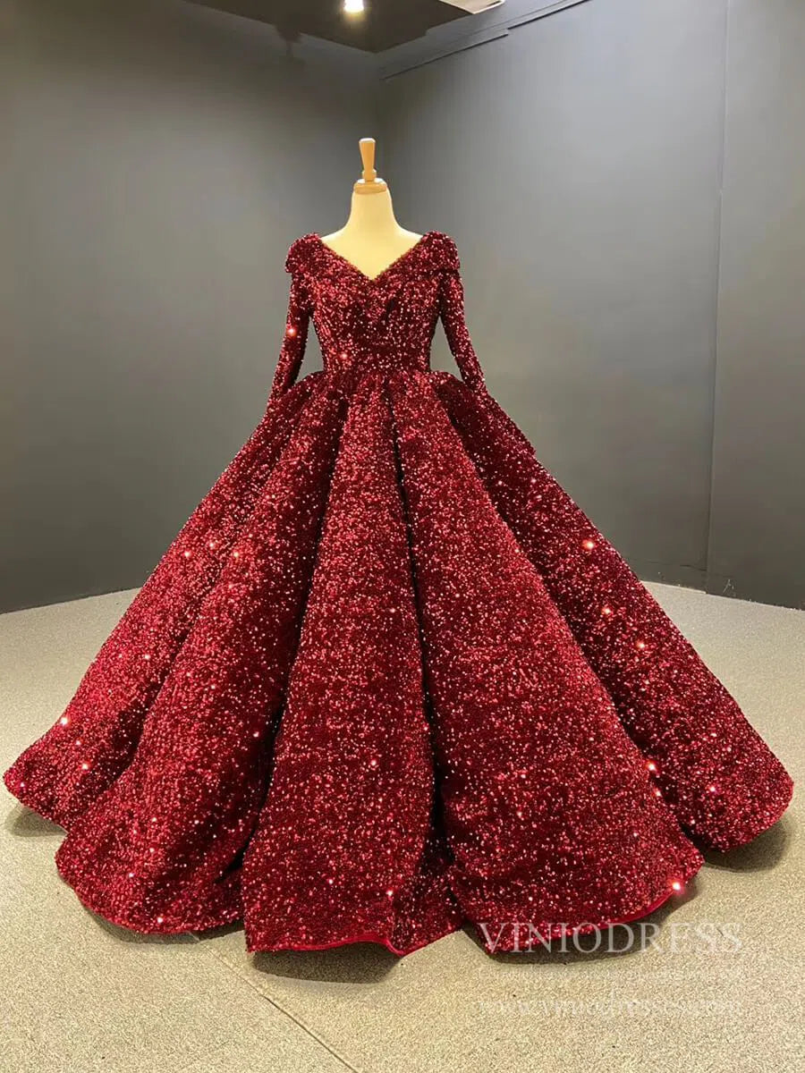 Quinceanera Dresses 2025 Burgundy Quinceanera Dresses 66991 V-neck, Long Sleeve-plus size wedding dresses Viniodress-Burgundy-Custom Size-