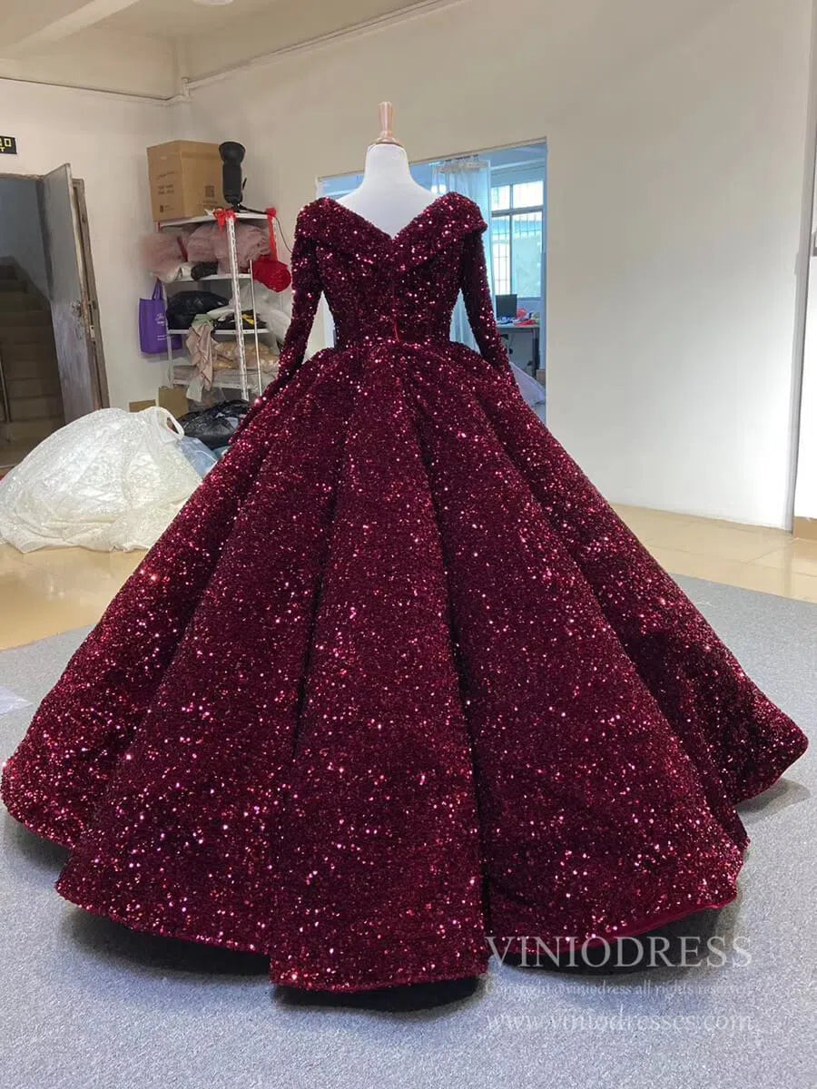 Quinceanera Dresses 2025 Burgundy Quinceanera Dresses 66991 V-neck, Long Sleeve-plus size wedding dresses Viniodress-Burgundy-Custom Size-