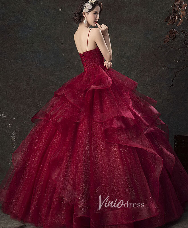 Burgundy Ruffled Tiered Prom Dresses Spaghetti Strap Evening Dress FD3155B-prom dresses 2025 -Viniodress-Burgundy-Custom Size-