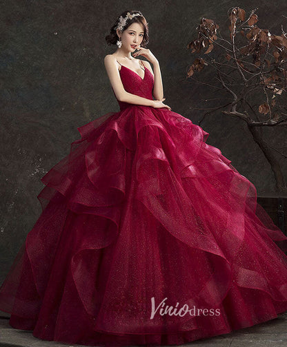 Burgundy Ruffled Tiered Prom Dresses Spaghetti Strap Evening Dress FD3155B-prom dresses 2025 -Viniodress-Burgundy-Custom Size-