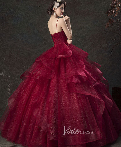 Burgundy Ruffled Tiered Prom Dresses Spaghetti Strap Evening Dress FD3155B-prom dresses 2025 -Viniodress-Burgundy-Custom Size-