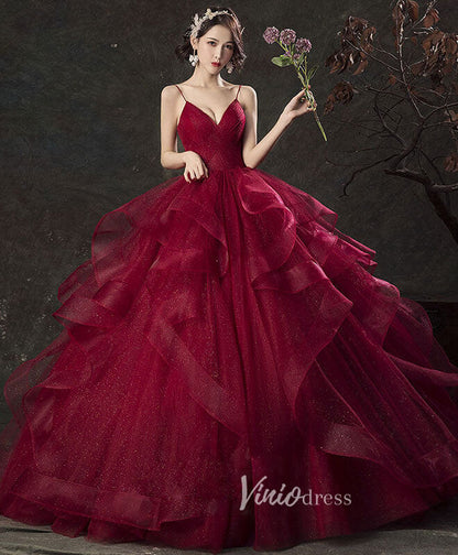 Burgundy Ruffled Tiered Prom Dresses Spaghetti Strap Evening Dress FD3155B-prom dresses 2025 -Viniodress-Burgundy-Custom Size-