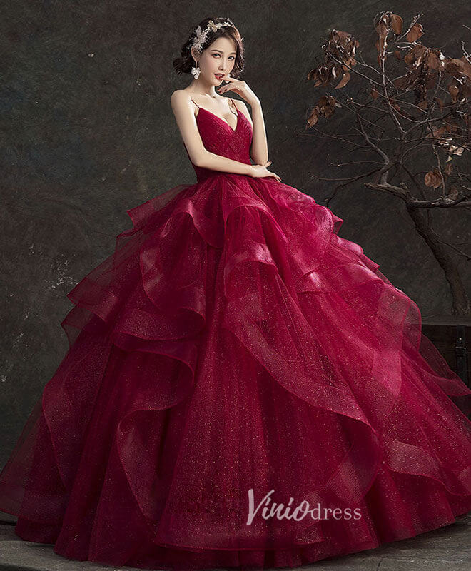 Prom Dress 2025 Burgundy Ruffled Tiered Prom Dresses Spaghetti Strap Evening Dress FD3155B-unique prom dresses-Burgundy-Custom Size-Viniodress