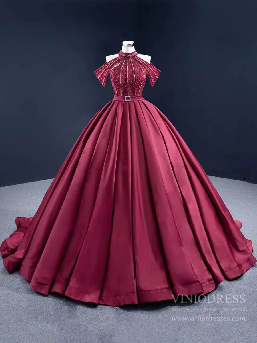 Burgundy Satin Ball Gown Cold Shoulder High Neck Quince Dress 67249 viniodress-Quinceanera Dresses 2025 -Viniodress-Burgundy-Custom Size-