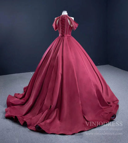Burgundy Satin Ball Gown Cold Shoulder High Neck Quince Dress 67249 viniodress-Quinceanera Dresses 2025 -Viniodress-Burgundy-Custom Size-