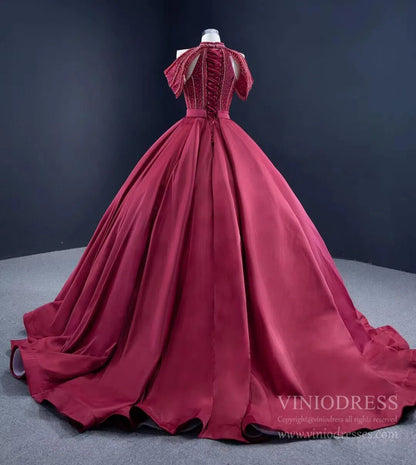 Burgundy Satin Ball Gown Cold Shoulder High Neck Quince Dress 67249 viniodress-Quinceanera Dresses 2025 -Viniodress-Burgundy-Custom Size-