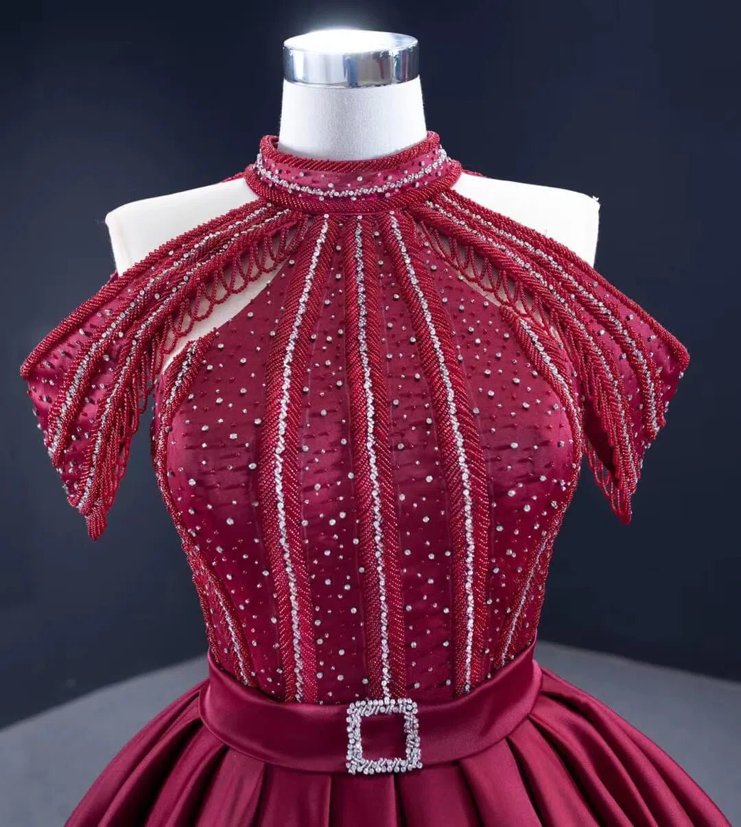 Burgundy Satin Ball Gown Cold Shoulder High Neck Quince Dress 67249 viniodress-Quinceanera Dresses 2025 -Viniodress-Burgundy-Custom Size-