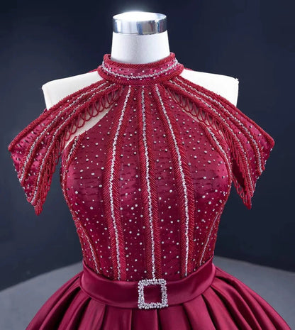 Burgundy Satin Ball Gown Cold Shoulder High Neck Quince Dress 67249 viniodress-Quinceanera Dresses 2025 -Viniodress-Burgundy-Custom Size-