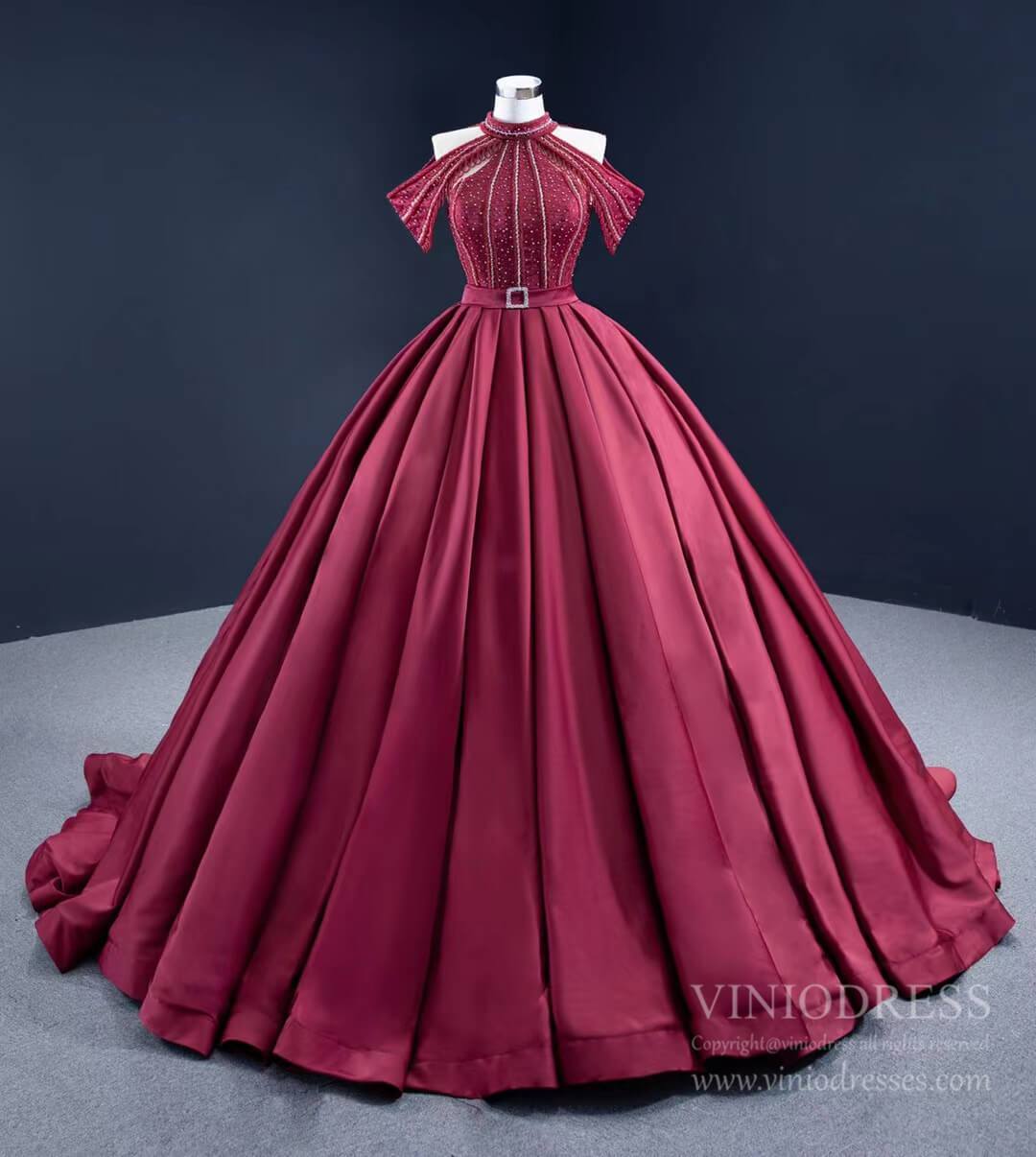 Prom Dress 2025 Burgundy Satin Ball Gown Cold Shoulder High Neck Quince Dress 67249 viniodress-unique Quinceanera Dresses-Burgundy-Custom Size-Viniodress