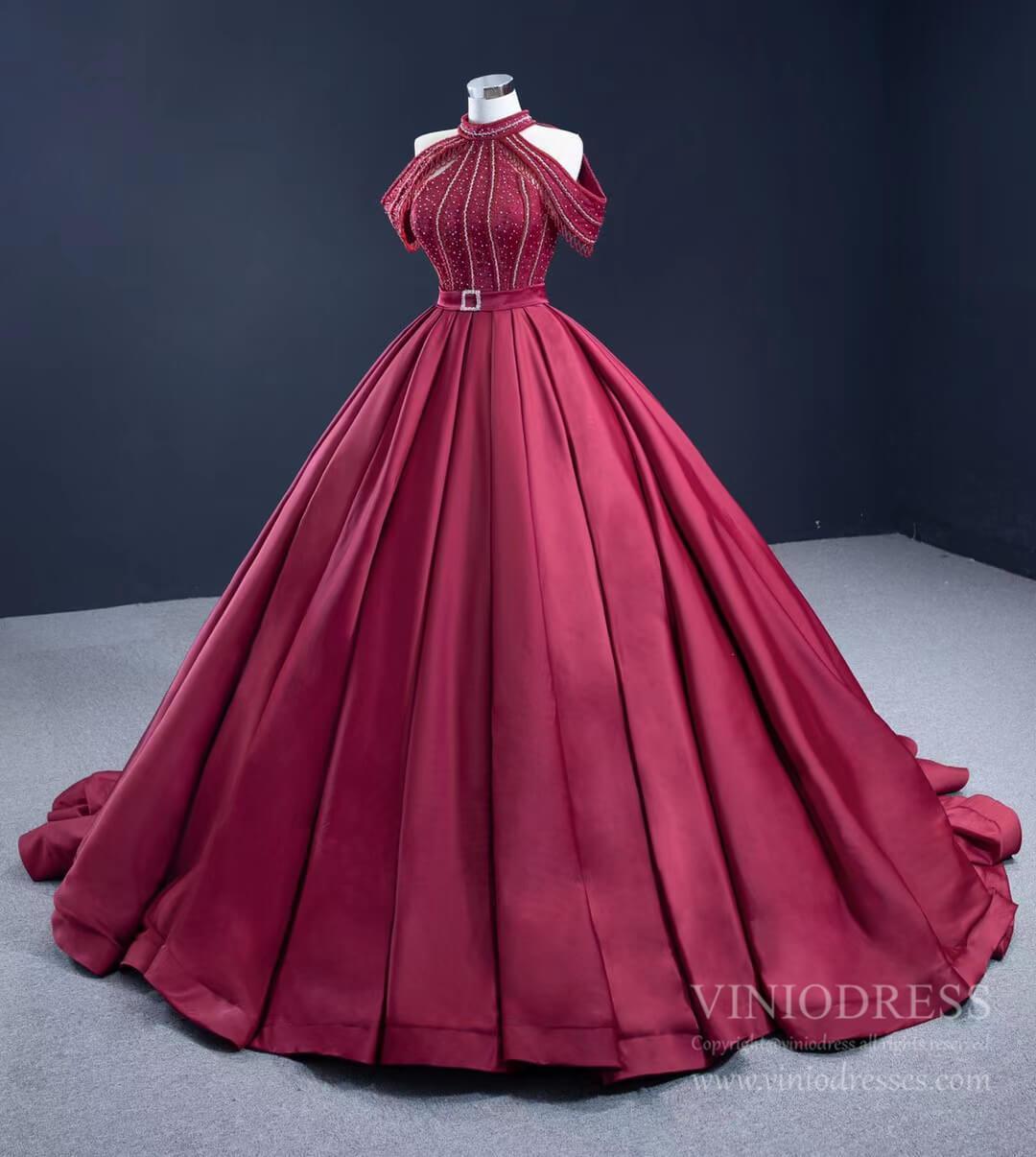 Prom Dress 2025 Burgundy Satin Ball Gown Cold Shoulder High Neck Quince Dress 67249 viniodress-unique Quinceanera Dresses-Burgundy-Custom Size-Viniodress