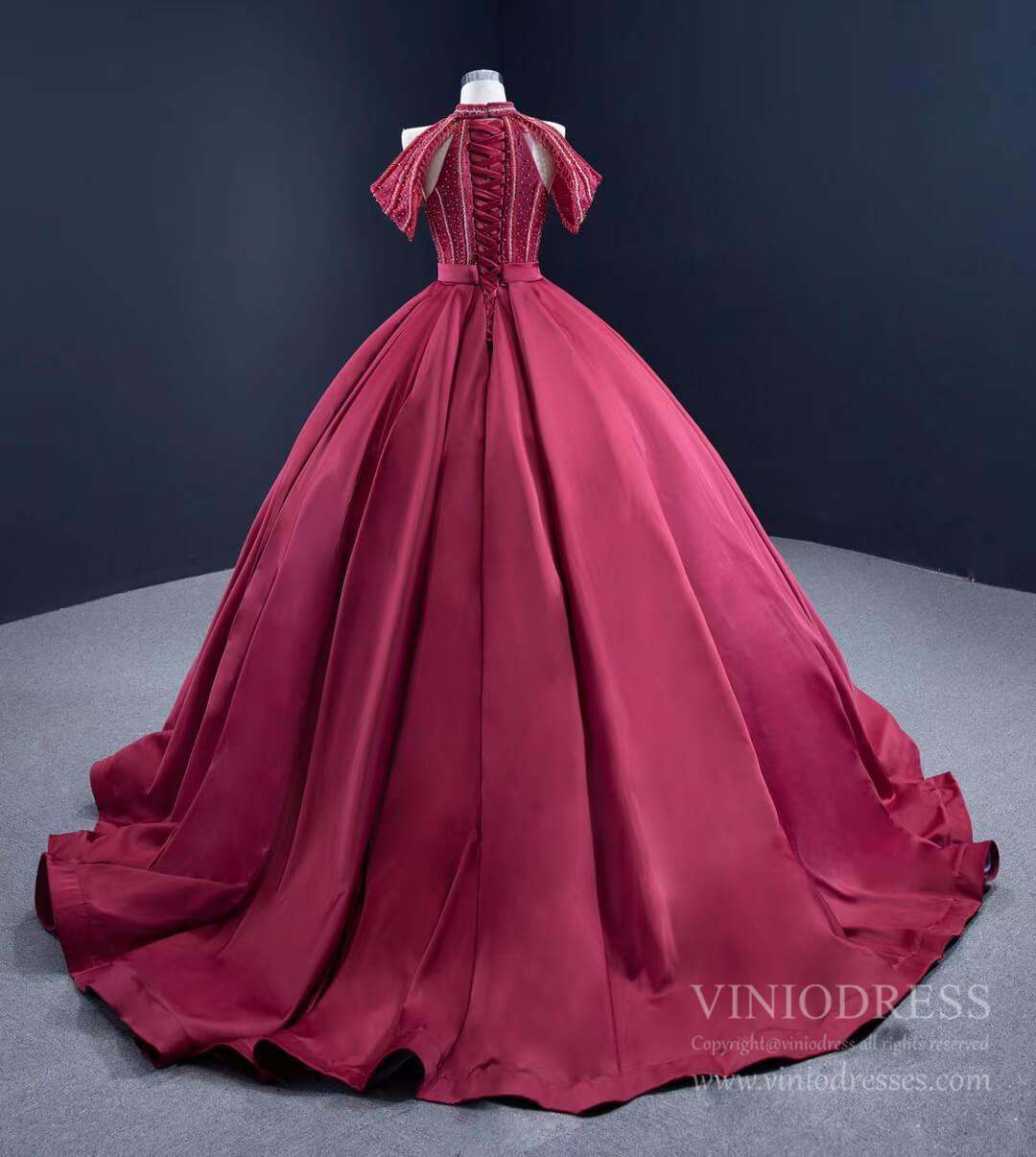 Prom Dress 2025 Burgundy Satin Ball Gown Cold Shoulder High Neck Quince Dress 67249 viniodress-unique Quinceanera Dresses-Burgundy-Custom Size-Viniodress