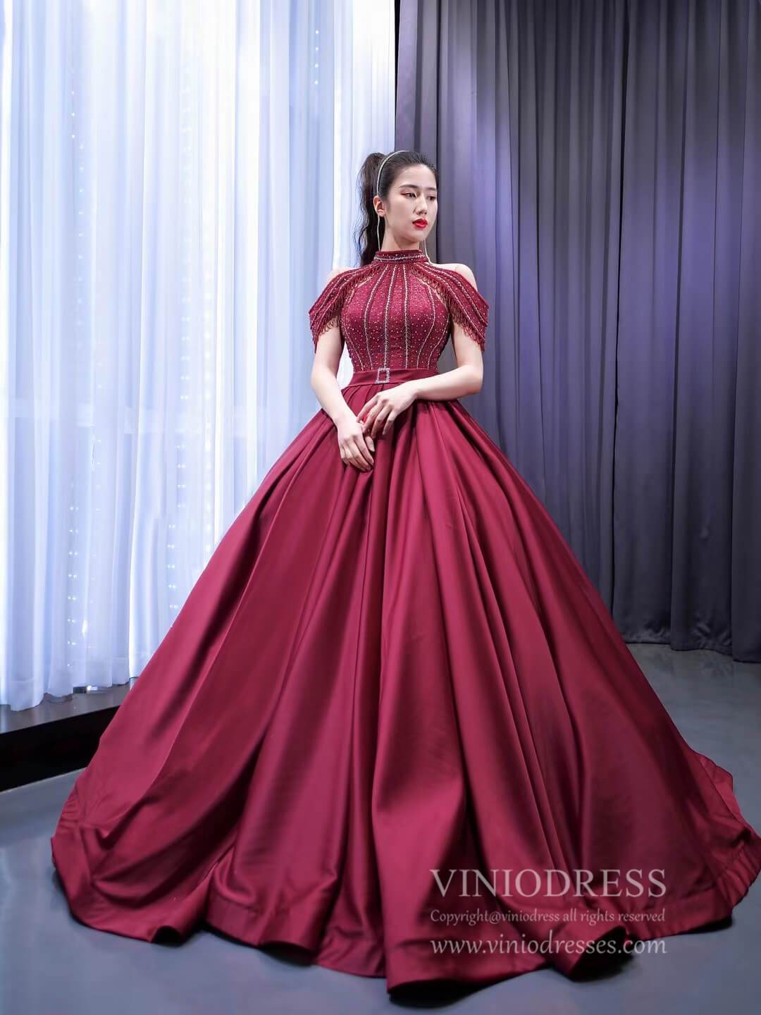 Prom Dress 2025 Burgundy Satin Ball Gown Cold Shoulder High Neck Quince Dress 67249 viniodress-unique Quinceanera Dresses-Burgundy-Custom Size-Viniodress