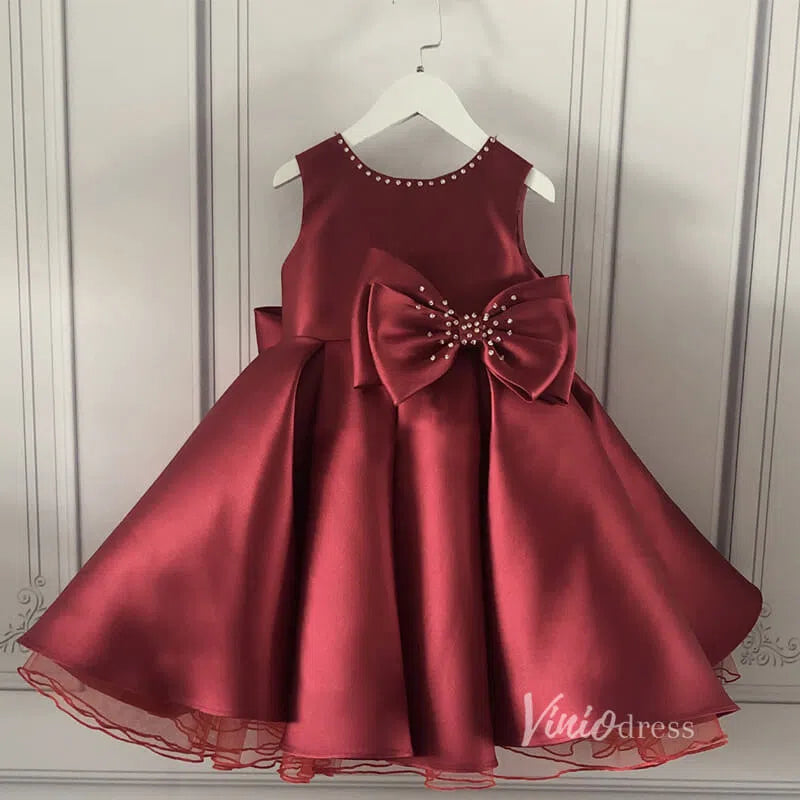 Burgundy Satin Flower Girl Dress with Bow GL1115-flower girl dresses 2025 -Viniodress-Burgundy-Custom Size-