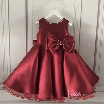 Burgundy Satin Flower Girl Dress with Bow GL1115-flower girl dresses 2025 -Viniodress-Burgundy-Custom Size-