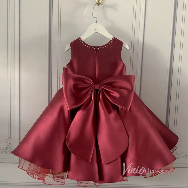 Burgundy Satin Flower Girl Dress with Bow GL1115-flower girl dresses-Viniodress-Viniodress