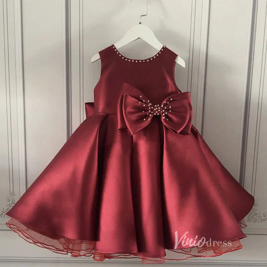 Burgundy Satin Flower Girl Dress with Bow GL1115-flower girl dresses-Viniodress-Burgundy-Custom Size-Viniodress