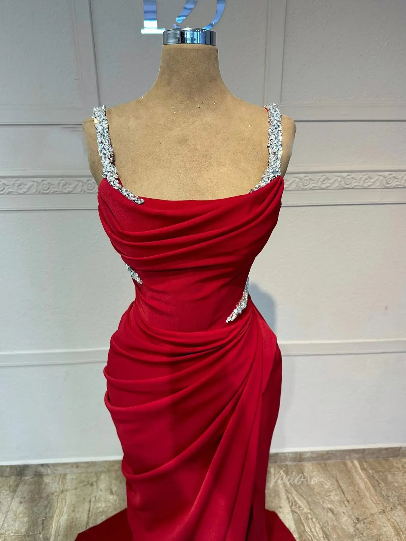 Burgundy Satin Mermaid Prom Dresses with Slit & Beaded Strap - FD5269-prom dresses 2025 -Viniodress-Burgundy-Custom Size-