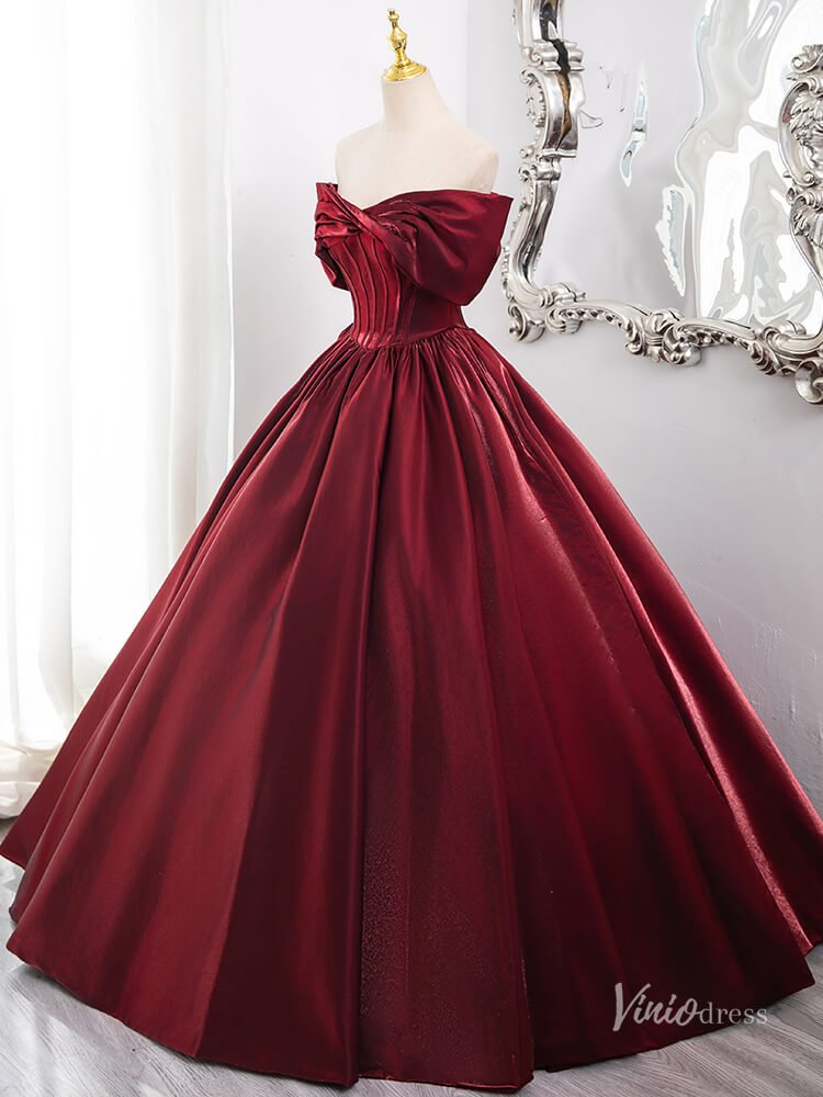 Burgundy Satin Minimalist Prom Ball Gown Off the Shoulder Crossed Quinceanera Dresses BG012-prom dresses 2025 -Viniodress-Burgundy-Custom Size-