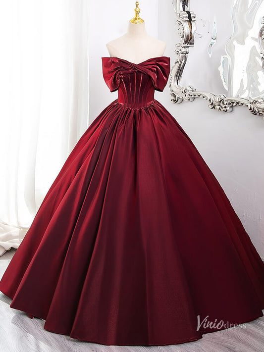 Burgundy Satin Minimalist Prom Ball Gown Off the Shoulder Crossed Quinceanera Dresses BG012 - Viniodressprom dressesBurgundyCustom Size - Formal Dresses - Ball Gowns