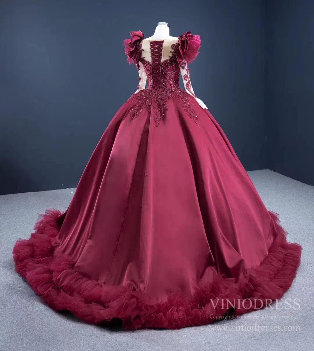 Burgundy Satin Princess Ball Gown Prom Dresses Ruffled Hem 67245 viniodress-prom dresses 2025 -Viniodress-As Picture-Custom Size-