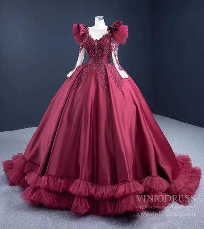 Burgundy Satin Princess Ball Gown Prom Dresses Ruffled Hem 67245 viniodress-prom dresses 2025 -Viniodress-As Picture-Custom Size-