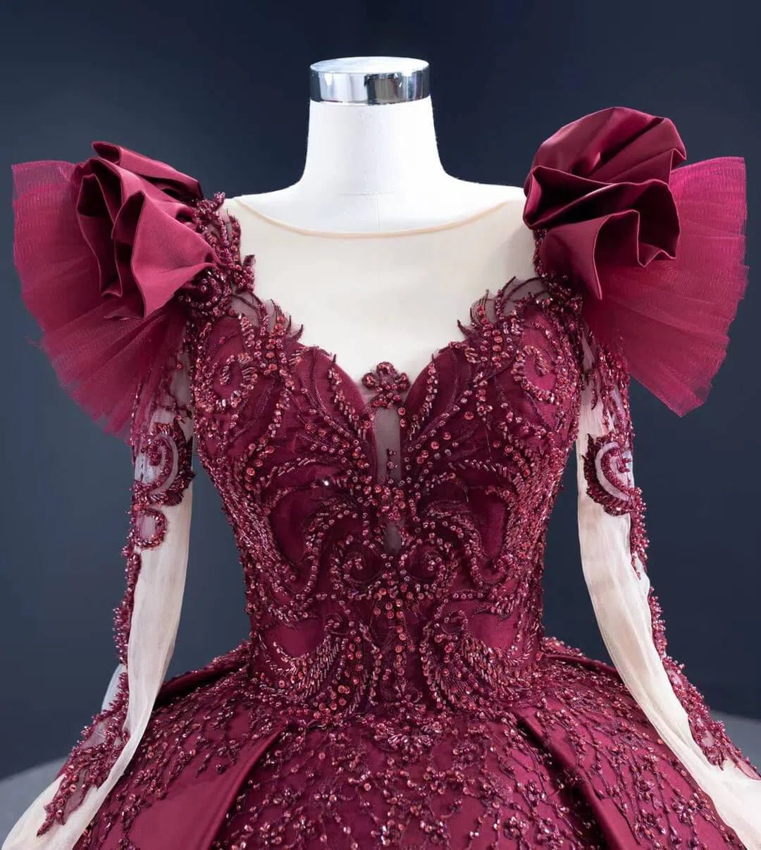 Burgundy Satin Princess Ball Gown Prom Dresses Ruffled Hem 67245 viniodress-prom dresses 2025 -Viniodress-As Picture-Custom Size-