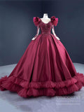 Prom Dress 2025 Burgundy Satin Princess Ball Gown Prom Dresses Ruffled Hem 67245 viniodress-unique prom dresses-As Picture-Custom Size-Viniodress