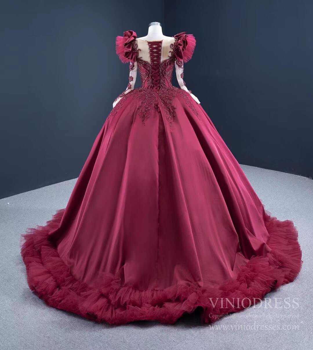 Prom Dress 2025 Burgundy Satin Princess Ball Gown Prom Dresses Ruffled Hem 67245 viniodress-unique prom dresses-As Picture-Custom Size-Viniodress